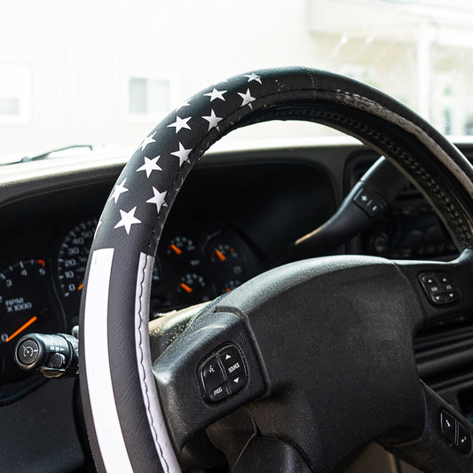 Monochrome Americana Flag Steering Wheel Cover – Premium PVC, Anti-Slip Grip, Universal Fit, Durable & Waterproof for Cars, SUVs & Trucks