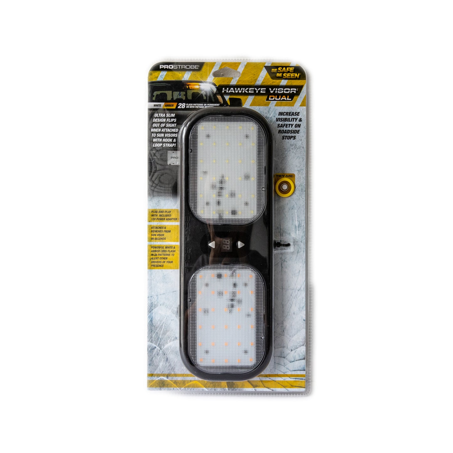 Prostrobe Hawkeye Dual LED Visor Strobe Light – 30 White & 30 Amber LEDs, 28 Flash Modes, 12–24V Plug for Work & Emergency Vehicles