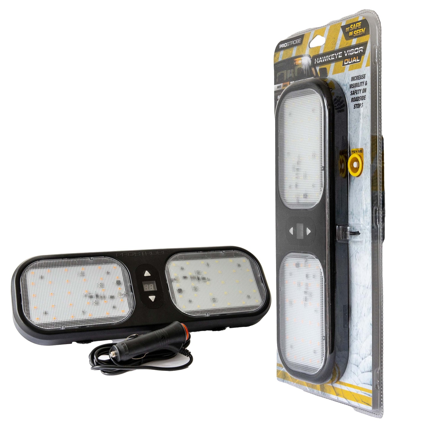 Prostrobe Hawkeye Dual LED Visor Strobe Light – 30 White & 30 Amber LEDs, 28 Flash Modes, 12–24V Plug for Work & Emergency Vehicles