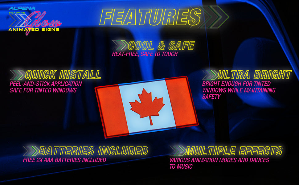 Alpena Sound Reactive LED Car Window Sticker/Ready to Glow Light-Up Decal, Music Sync Car Mod Accessory, Trendy Wireless Sticker for Custom Looks, Easy to Stick & Remove, Canada Flag