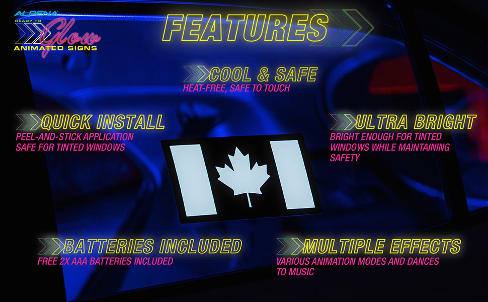 Alpena Sound Reactive LED Car Window Sticker/Ready to Glow Light-Up Decal, Music Sync Car Mod Accessory, Trendy Wireless Sticker for Custom Looks, Easy to Stick & Remove, Canada Flag