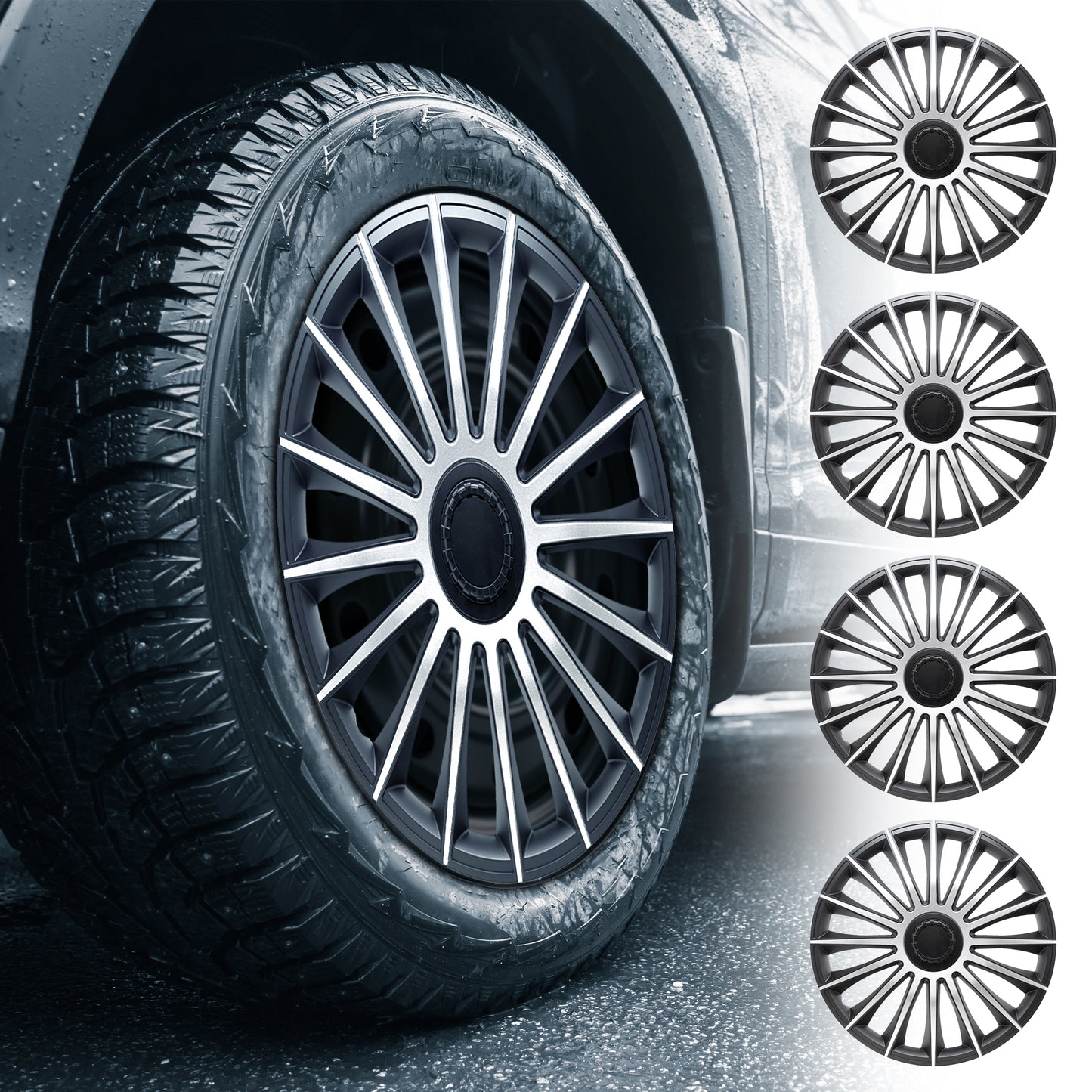 Alpena Austin Black & Silver Wheel Covers – Set of 4, European-Made Hubcaps – 17-Inch Universal Fit