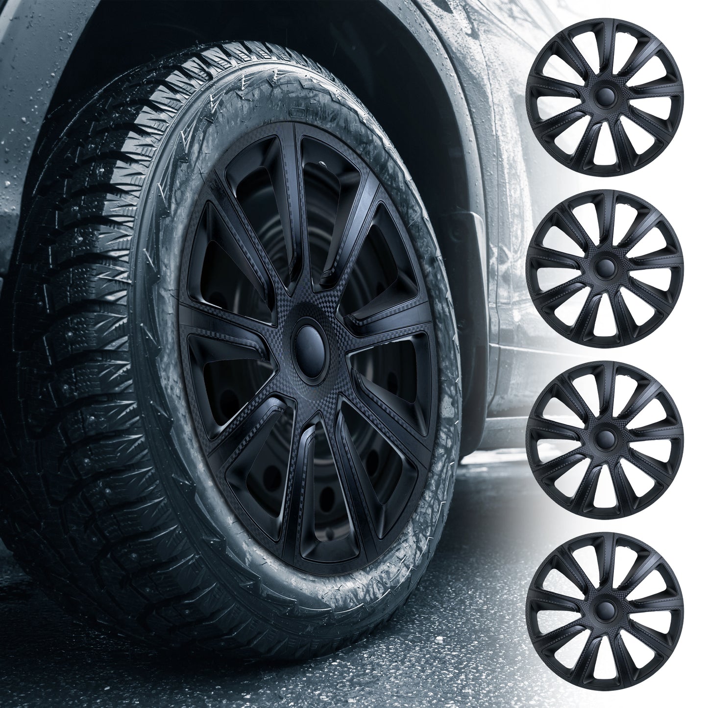 Alpena Ivo Black Wheel Covers – Set of 4, Matte Black, European-Made Hubcaps – 18-Inch Universal Fit for Cars