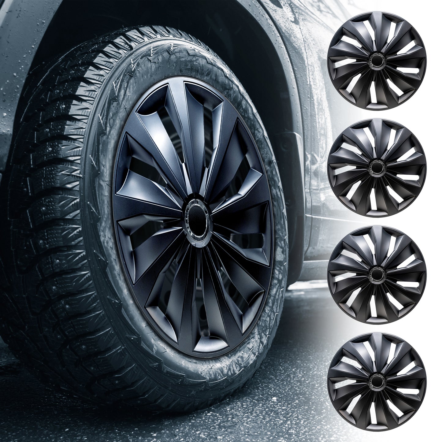 Alpena Action Black Wheel Covers – Set of 4, Matte Black, European-Made Hubcaps – 15-Inch Universal Fit for Cars