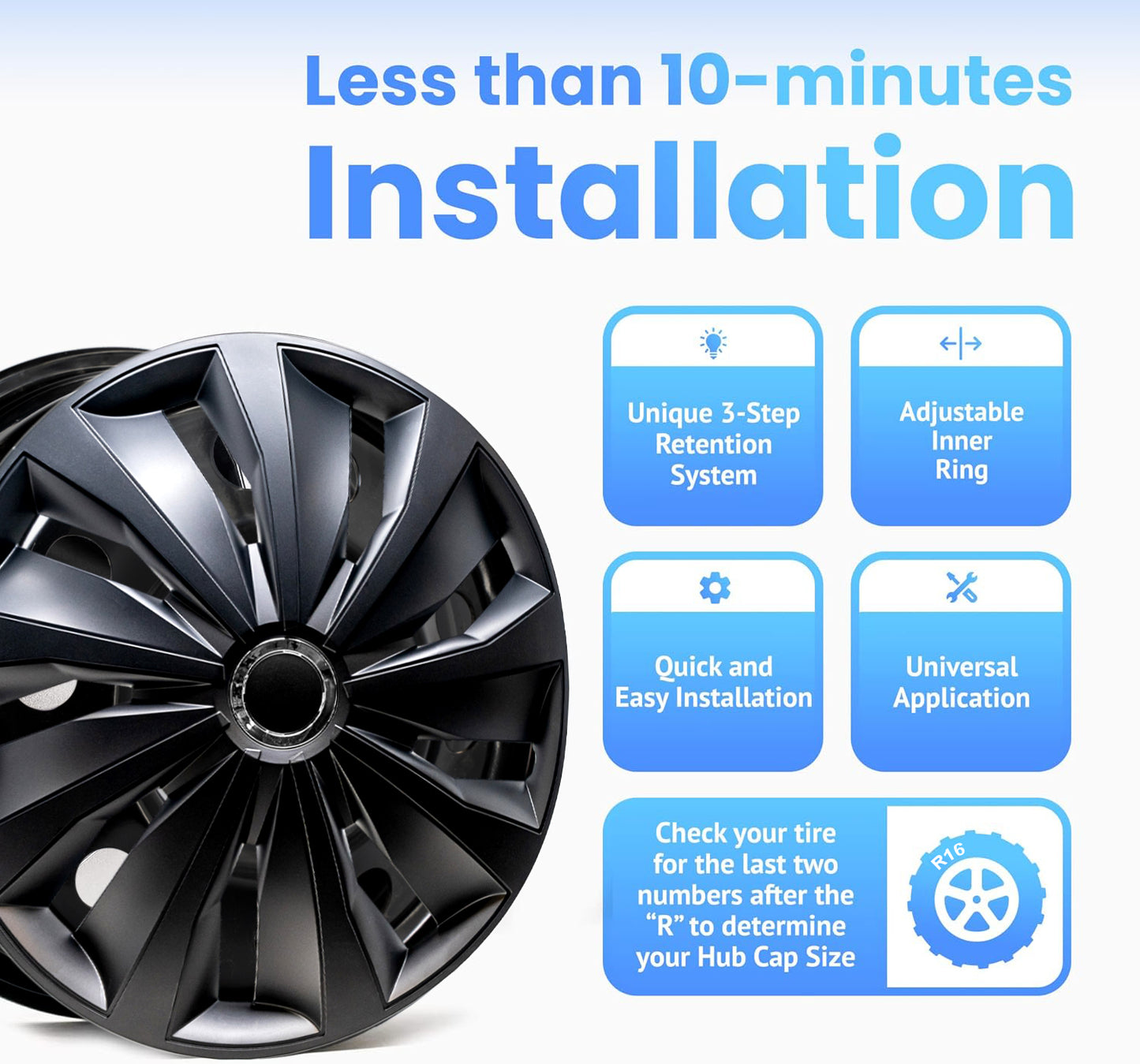 Alpena Action Black Wheel Covers – Set of 4, Matte Black, European-Made Hubcaps – 16-Inch Universal Fit for Cars