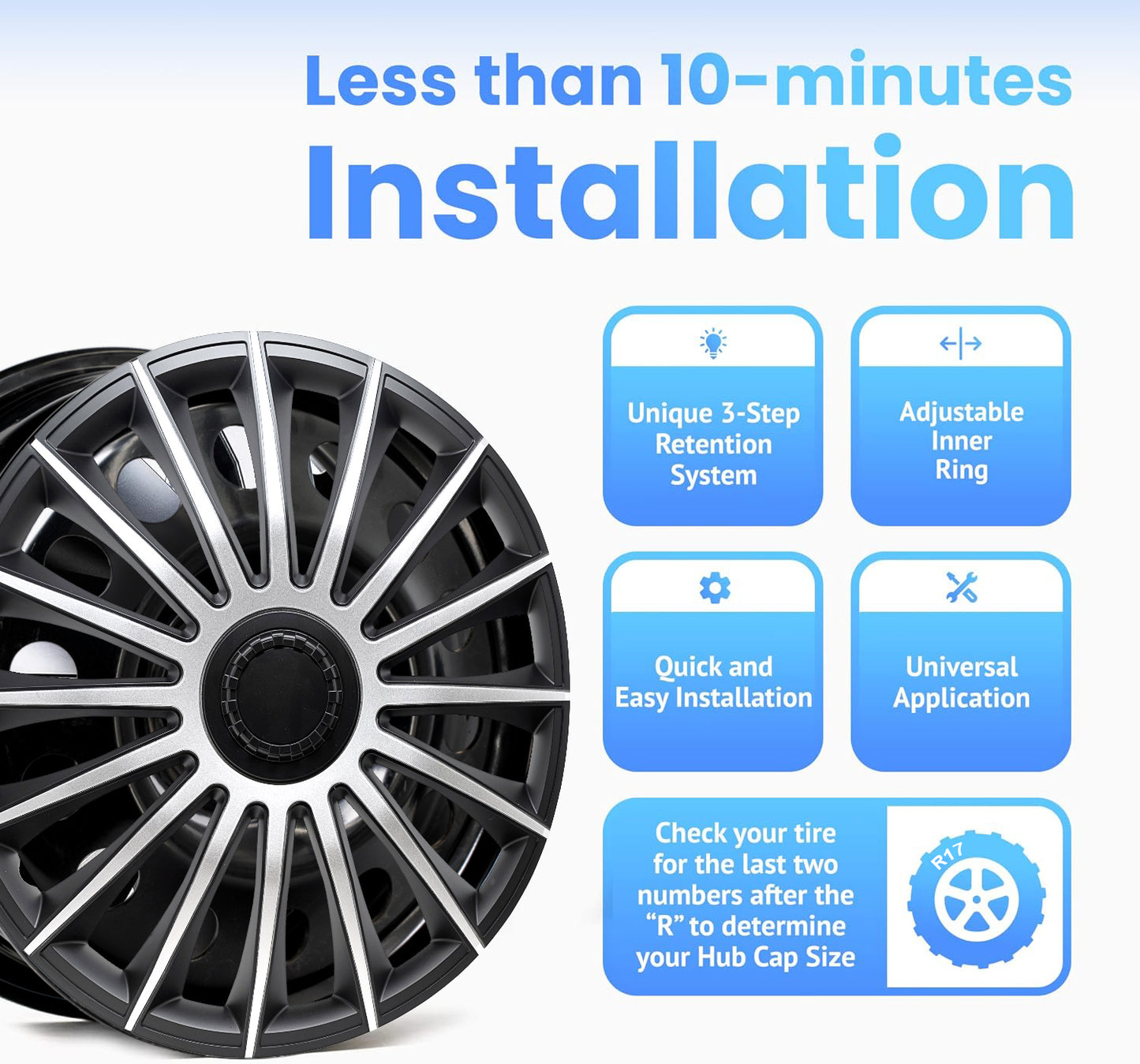 Alpena Austin Black & Silver Wheel Covers – Set of 4, European-Made Hubcaps – 17-Inch Universal Fit