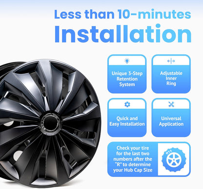 Alpena Action Black Wheel Covers – Set of 4, Matte Black, European-Made Hubcaps – 15-Inch Universal Fit for Cars