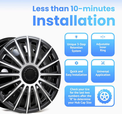 Alpena Austin Black & Silver Wheel Covers – Set of 4, European-Made Hubcaps – 16-Inch Universal Fit