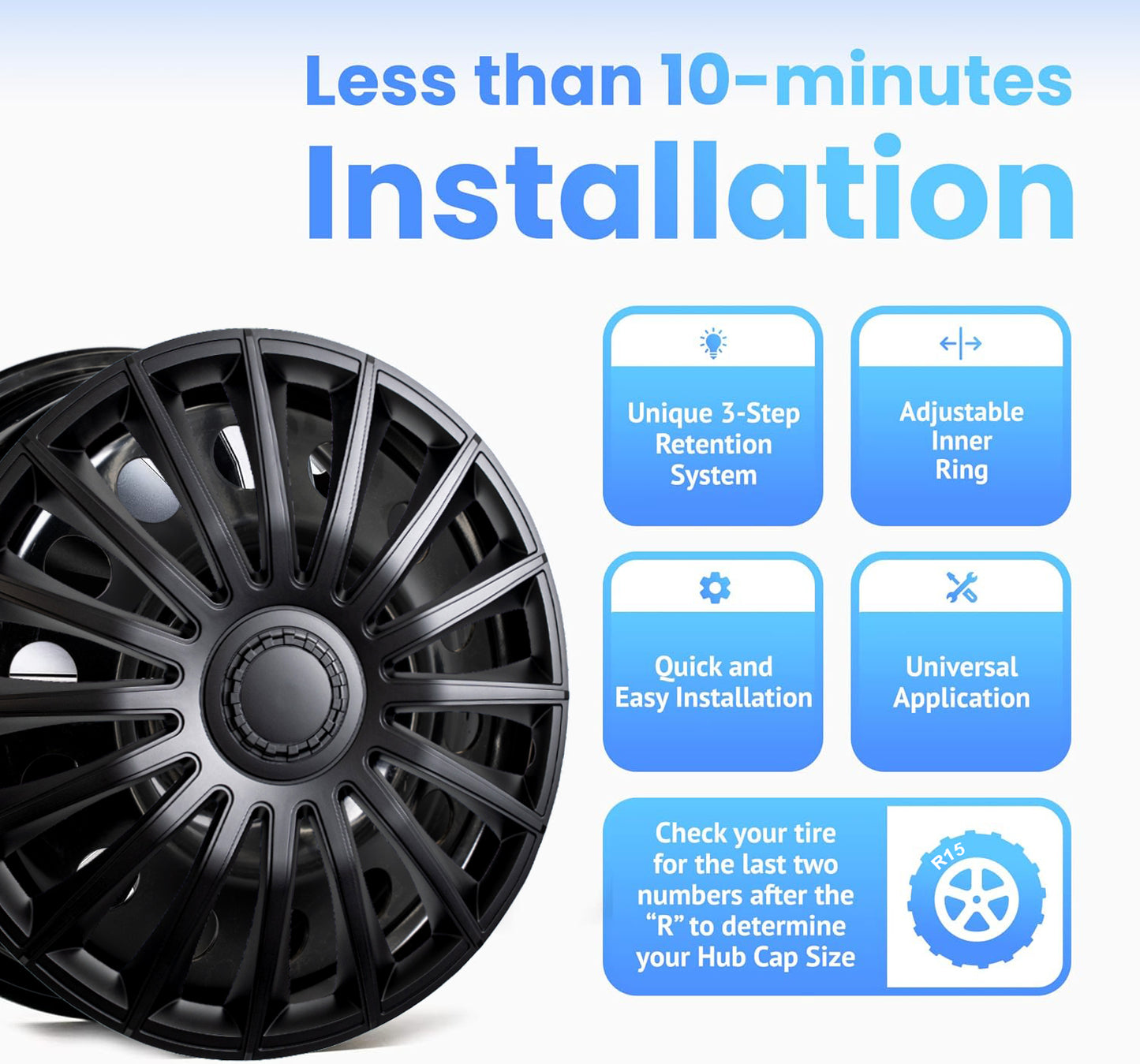 Alpena Austin Black Wheel Covers – Set of 4, European-Made Hubcaps – 15-Inch Universal Fit