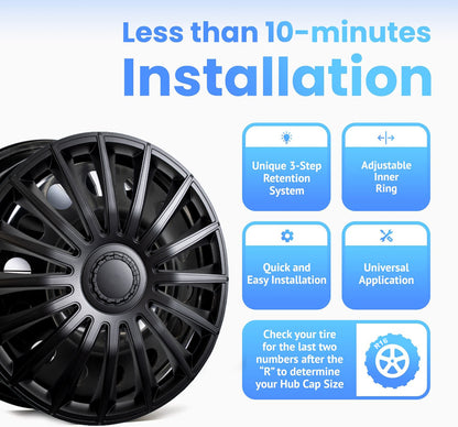 Alpena Austin Black Wheel Covers – Set of 4, European-Made Hubcaps – 16-Inch Universal Fit