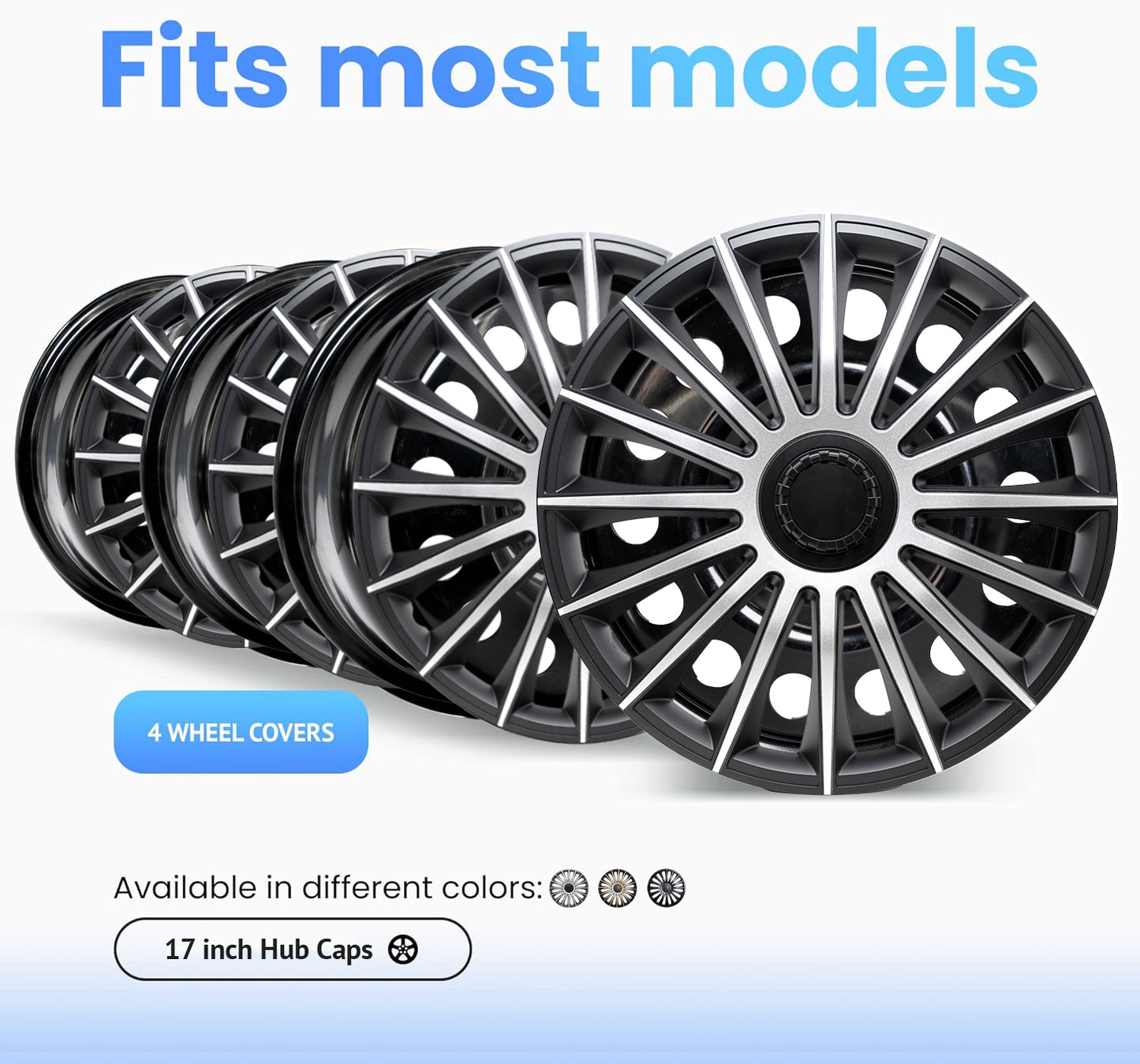 Alpena Austin Black & Silver Wheel Covers – Set of 4, European-Made Hubcaps – 17-Inch Universal Fit