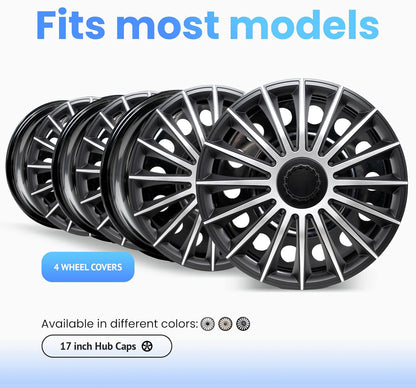 Alpena Austin Black & Silver Wheel Covers – Set of 4, European-Made Hubcaps – 17-Inch Universal Fit