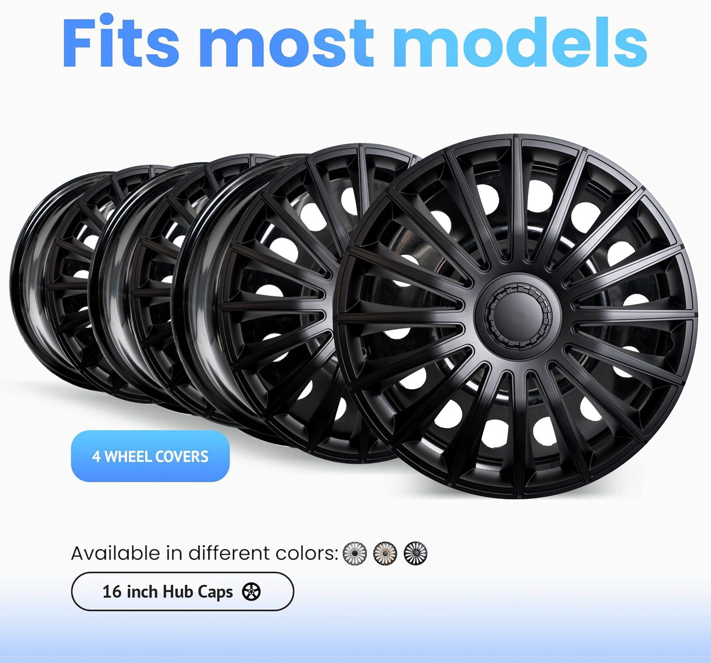 Alpena Austin Black Wheel Covers – Set of 4, European-Made Hubcaps – 16-Inch Universal Fit