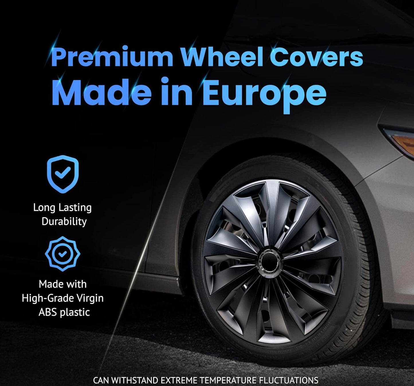 Alpena Action Black Wheel Covers – Set of 4, Matte Black, European-Made Hubcaps – 16-Inch Universal Fit for Cars