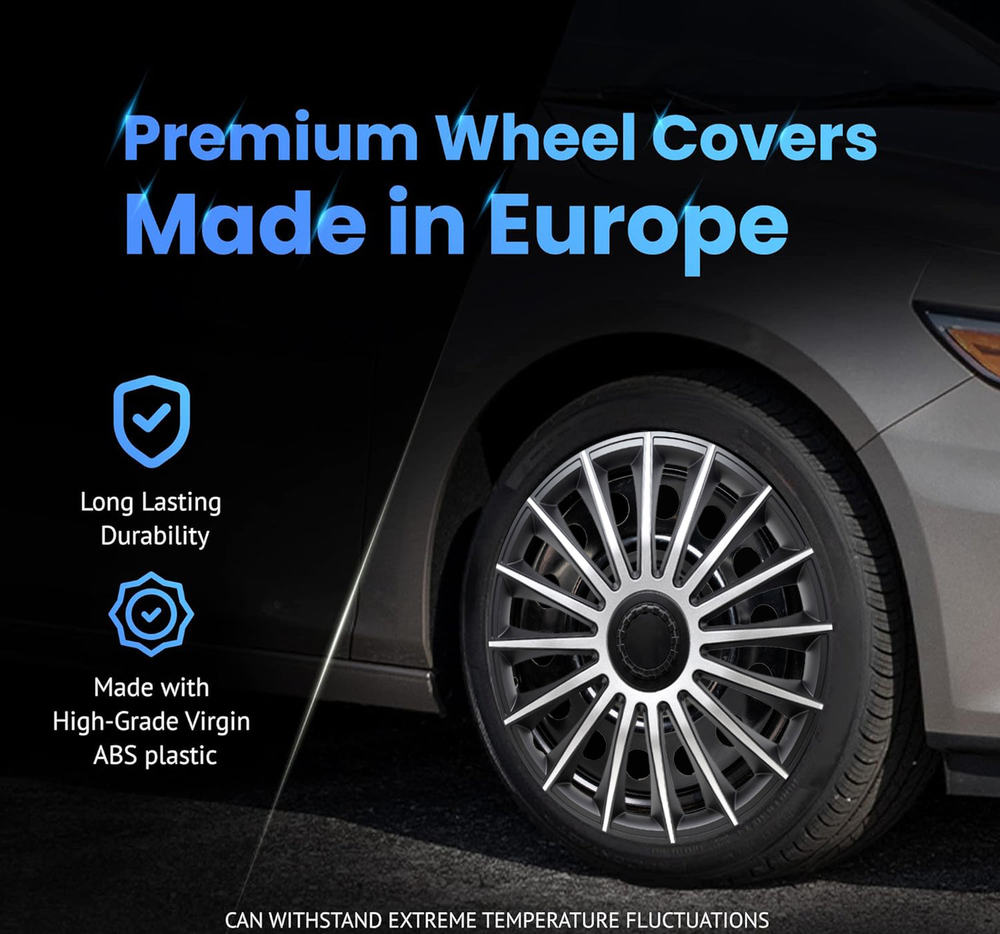 Alpena Austin Black & Silver Wheel Covers – Set of 4, European-Made Hubcaps – 15-Inch Universal Fit