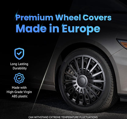 Alpena Austin Black Wheel Covers – Set of 4, European-Made Hubcaps – 16-Inch Universal Fit