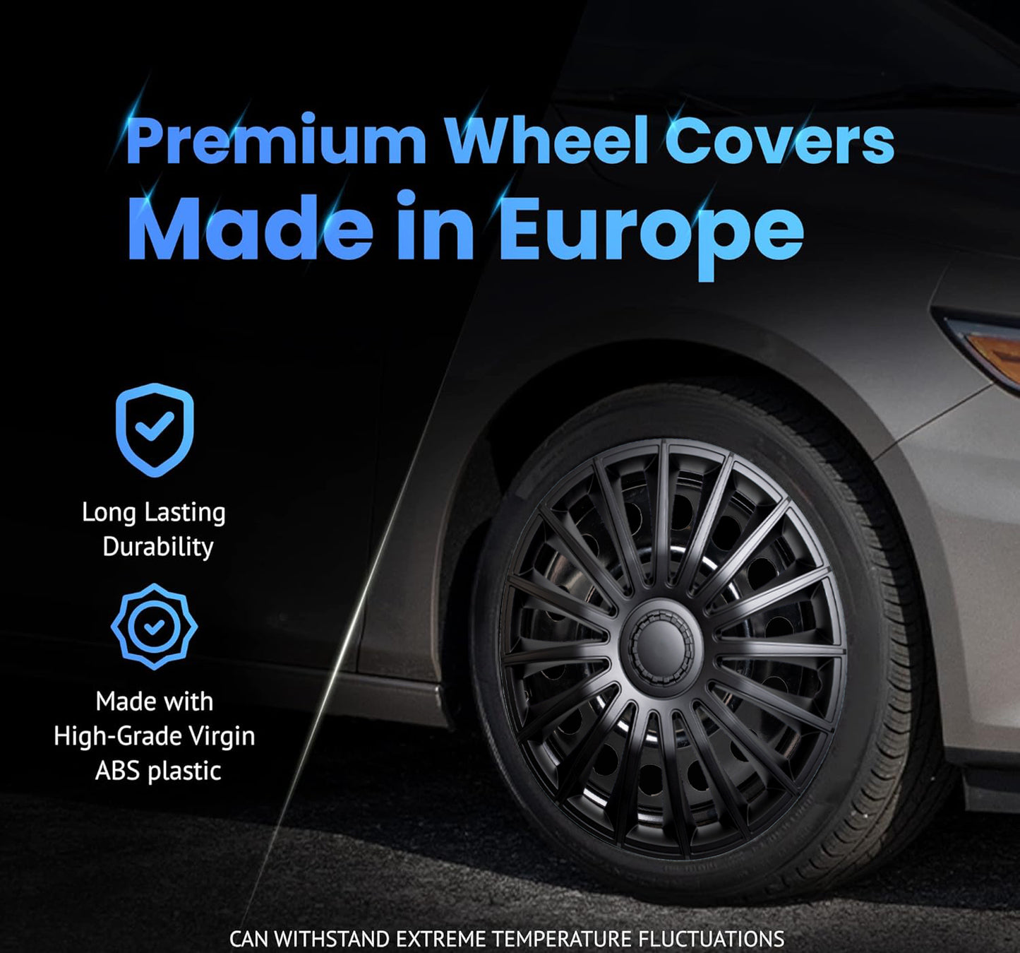 Alpena Austin Black Wheel Covers – Set of 4, European-Made Hubcaps – 17-Inch Universal Fit