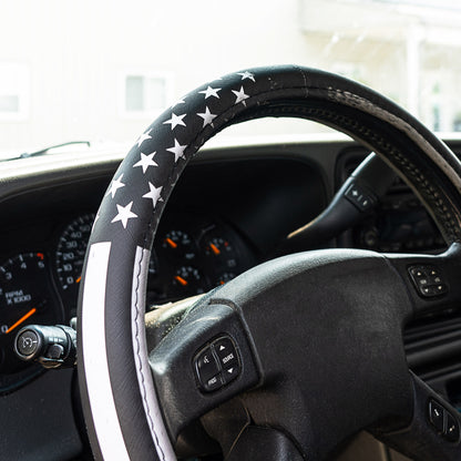 Monochrome Americana Flag Steering Wheel Cover – Premium PVC, Anti-Slip Grip, Universal Fit, Durable & Waterproof for Cars, SUVs & Trucks