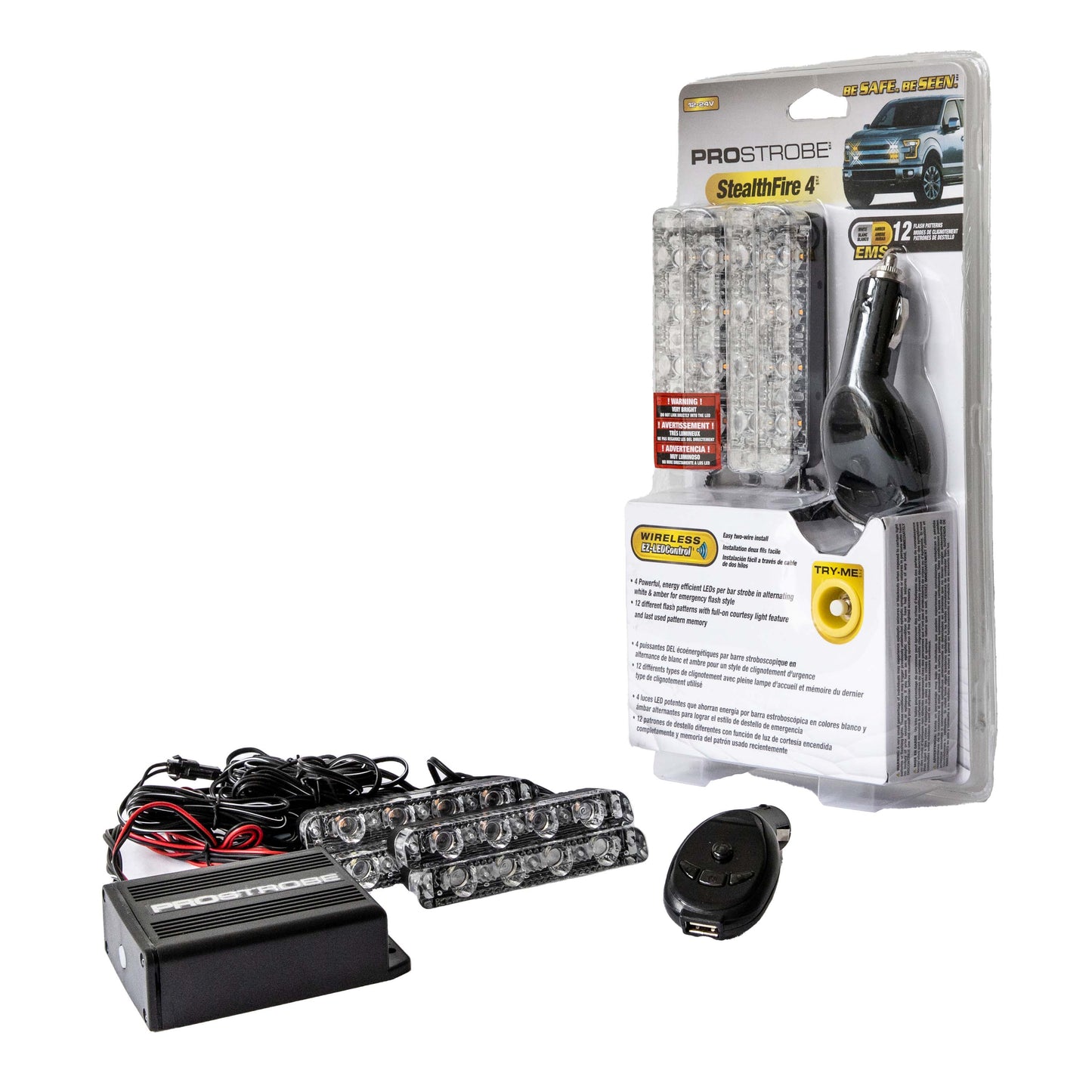 Stealth Fire Dual-Color LED Strobe Light – 4 High-Power White & Amber LEDs with Remote, Compact 12V Safety Light by Prostrobe