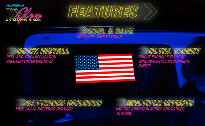 Alpena Sound Reactive LED Car Window Sticker/Ready to Glow Light-Up Decal, Music Sync Car Mod Accessory, Trendy Wireless Sticker for Custom Looks, Easy to Stick & Remove, US Flag