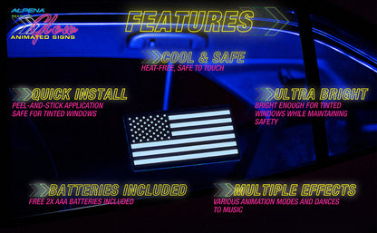 Alpena Sound Reactive LED Car Window Sticker/Ready to Glow Light-Up Decal, Music Sync Car Mod Accessory, Trendy Wireless Sticker for Custom Looks, Easy to Stick & Remove, US Flag