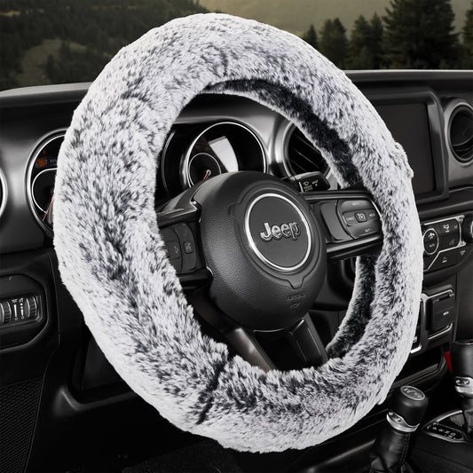 Grey & Black Plush Furry Steering Wheel Cover for 14" to 15"