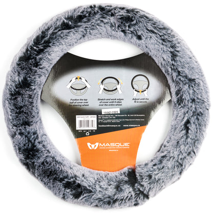 Grey & Black Plush Furry Steering Wheel Cover for 14" to 15"