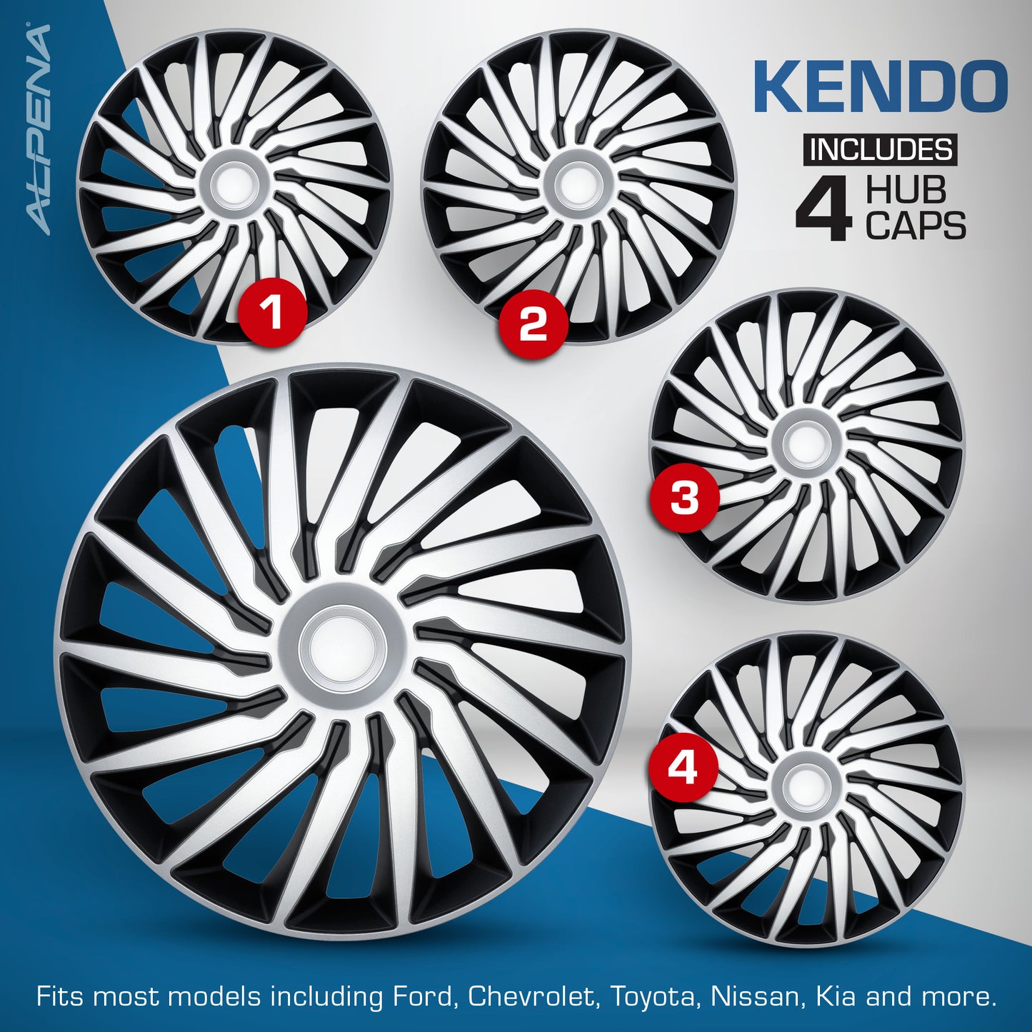 Kendo Wheel Cover Kit - Silver & Black (4 Pack)
