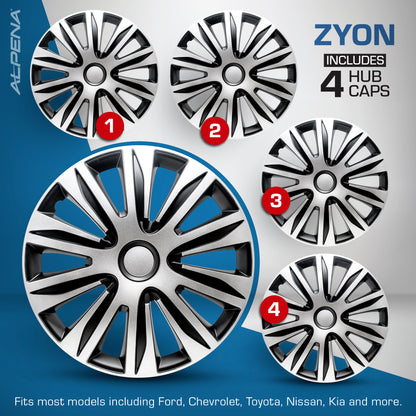 Zyon Wheel Cover Kit - Silver & Black (4 Pack)