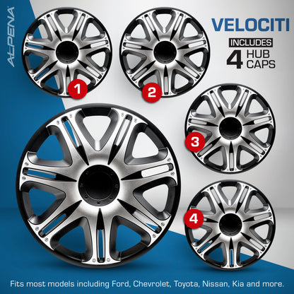 Velociti Wheel Cover Kit - Silver & Black (4 Pack)